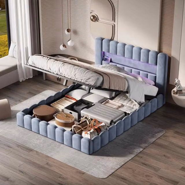 Letto Matrimoniale 180x200 cm; Letto Contenitore Idraulico Imbottito; Luci LED e Porta USB; Struttura Letto in Velluto; Grigio; Senza Materasso