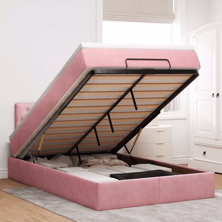 vidaXL Struttura Letto con Materasso e Contenitore a Sollevamento, Velluto Rosa e Bianco, L 120 x P 200 cm
