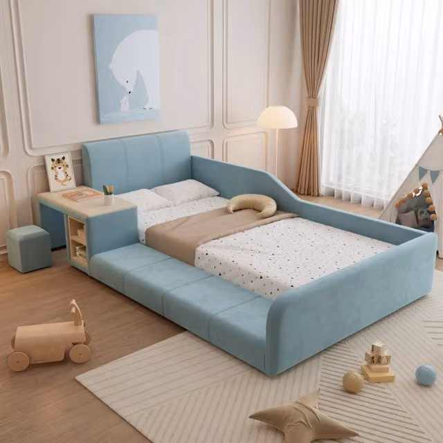Letto singolo imbottito per bambini 90x200 cm con scrivania laterale, sgabello, cassettiera e ripiano, velluto, blu