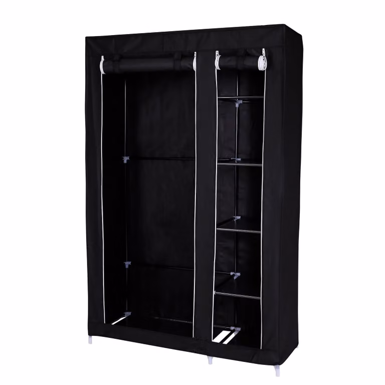 armadio in tessuto dibea, robusto armadio pieghevole con asta appendiabiti e scomparti, struttura in acciaio tubolare e rivestimento in pile, 175x110x45 cm, nero