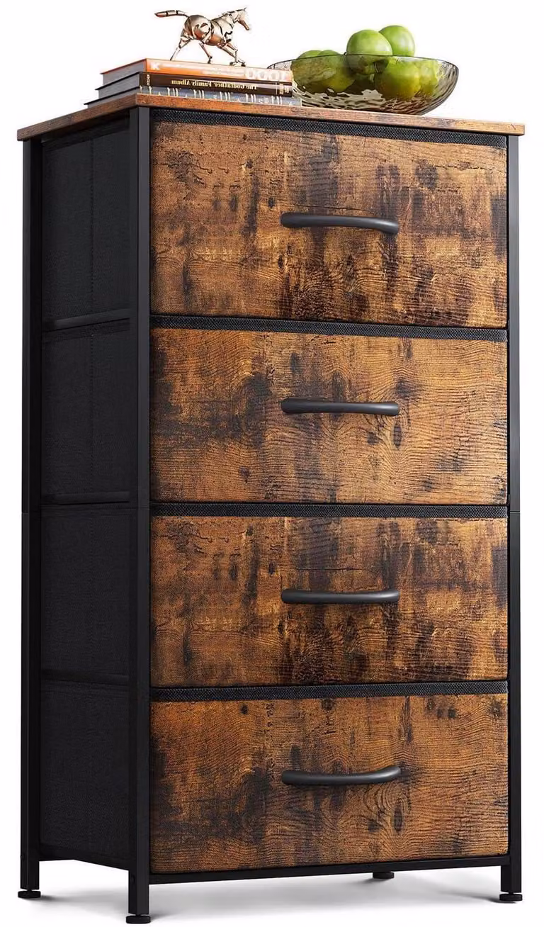 Comodino stretto con 4 cassetti rivestiti in tessuto, stile retrò vintage, dimensioni 40x30x80 cm
