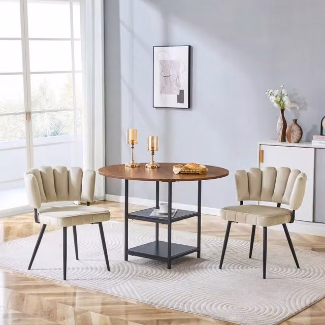 Set tavolo e sedie: tavolo rotondo 107 cm effetto noce con doppio ripiano + 2 sedie da pranzo in tessuto marrone chiaro con schienale a fiore