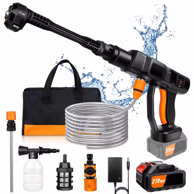 Idropulitrice a batteria - Idropulitrice portatile - 80 bar - 21 V - 1 batteria - Con tubo per l'acqua - Adatta per auto, giardino e pavimenti