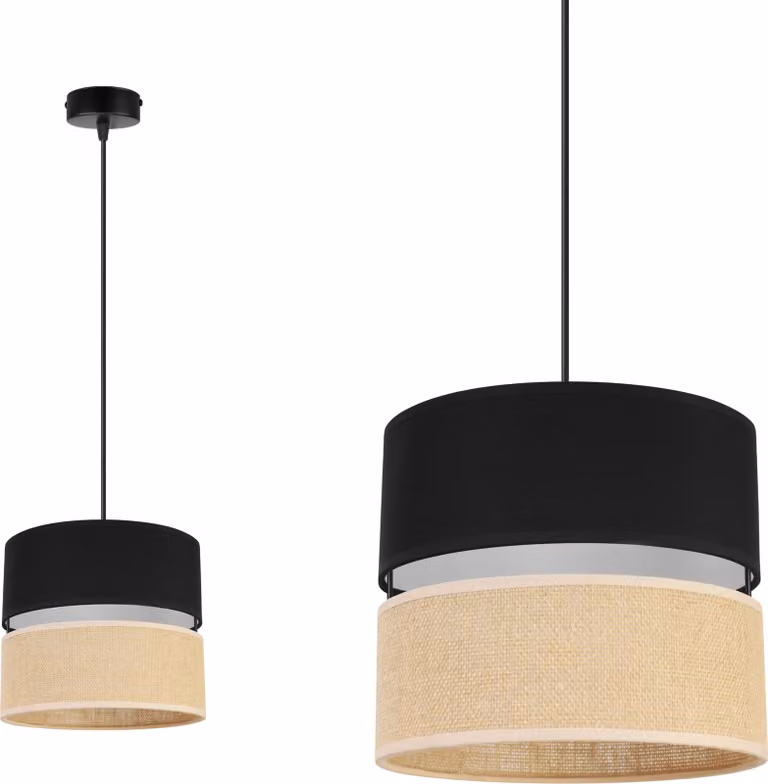 Light-Home Juta - Lampada a sospensione - Metallo con paralume in tessuto - E27 - Classica a 1 lampadina da 20 cm - Base nera e iuta e nero