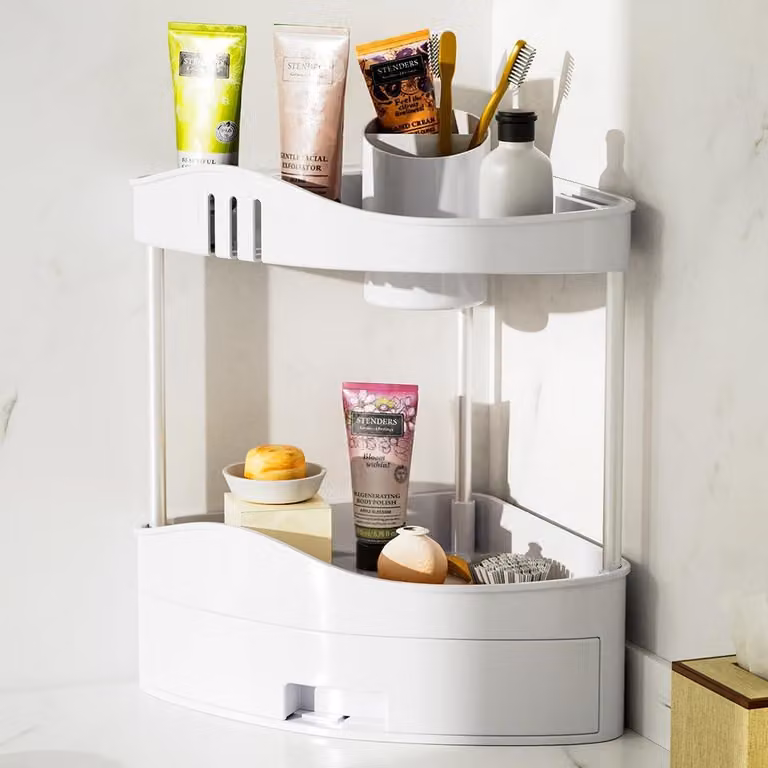 Pannello angolare con cassetto, 2 ripiani, in plastica resistente, adatto per bagno o cucina