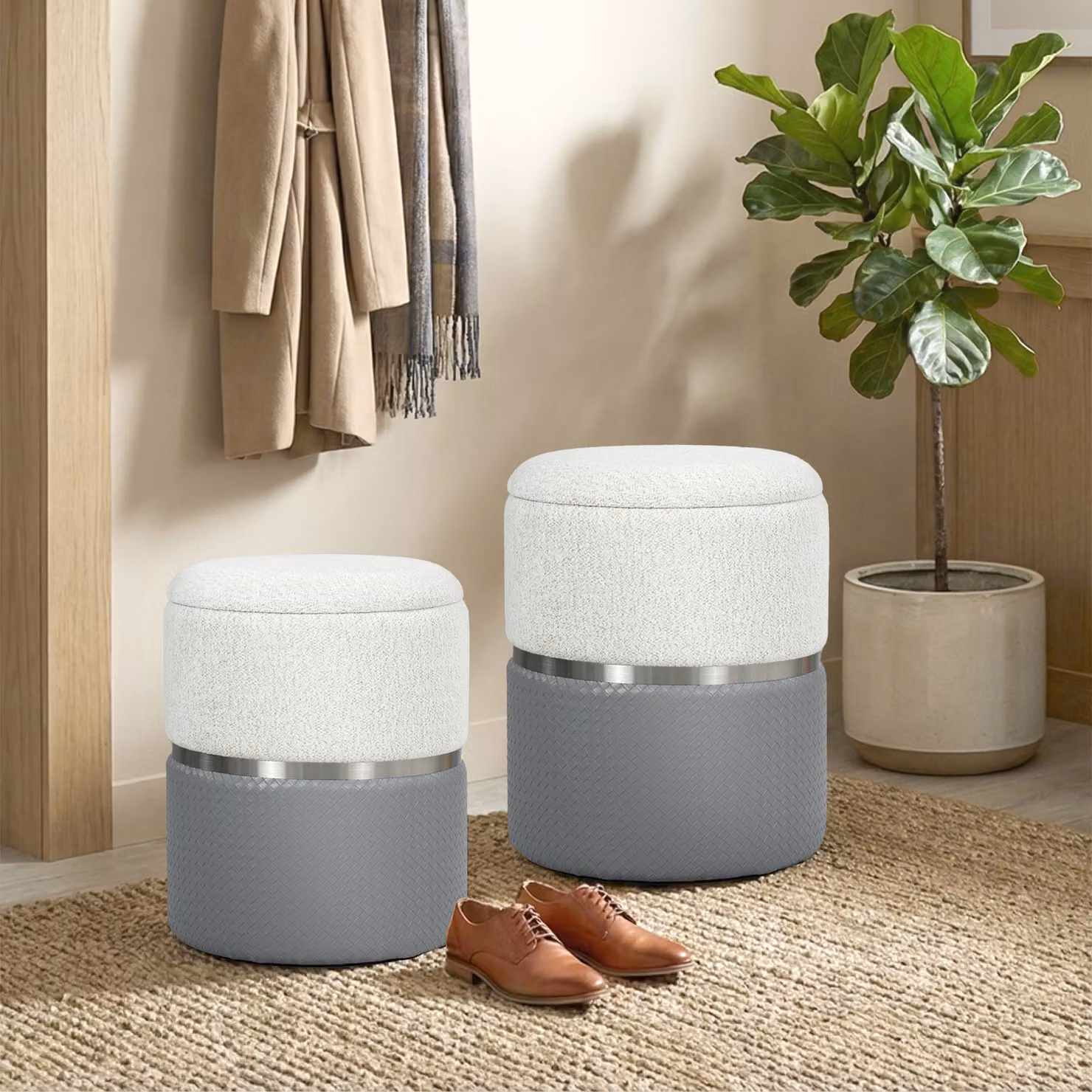 Set di 2 Pouf Contenitore Aosom in Ciniglia e PU con Seduta Imbottita, Design Moderno Cilindrico per Soggiorno e Camera, Grigio e Beige – 2