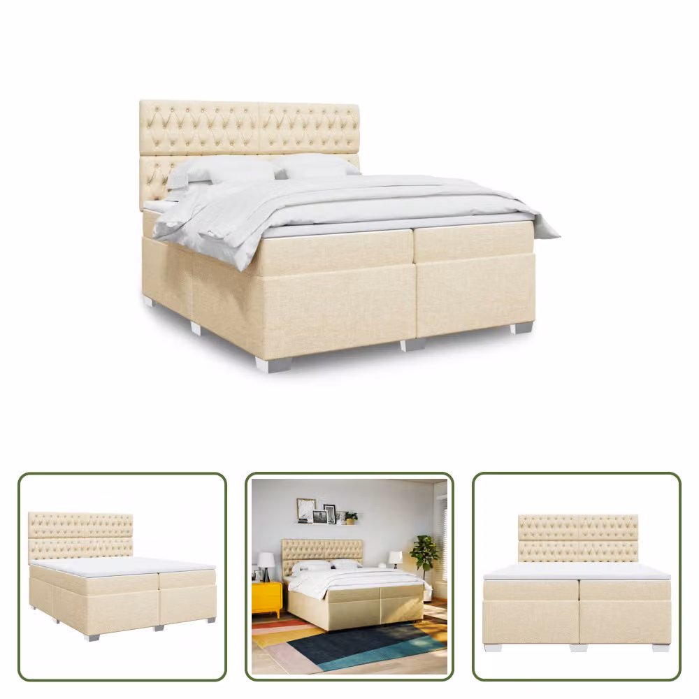 The Living Store Letto a molle con materasso crema 200x200 cm in tessuto