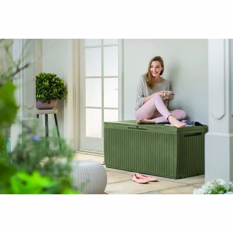 Baule da Esterno Springwood Keter con Ruote e Seduta, Effetto Legno Verde – 2