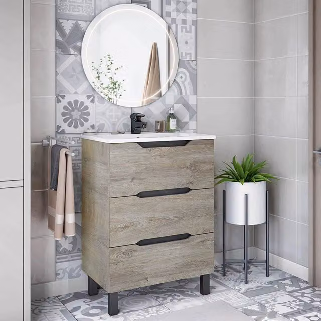 DMORA Mobile Sottolavabo Moderno con Cassetti e Ante Soft-Close, Rovere Marrone e Grigio, L: 60 cm, P: 45 cm, H: 86 cm