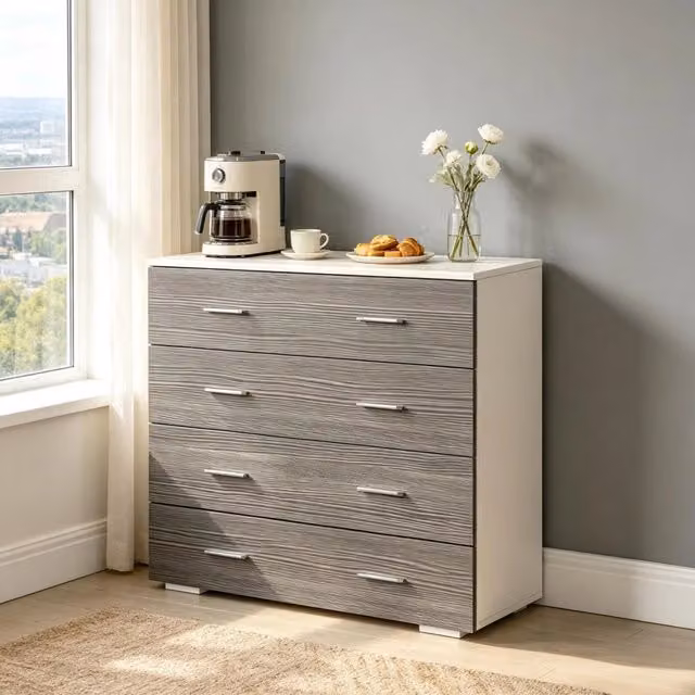 Cassettiera moderna REDOM in MDF e metallo, Grigio/Bianco, L: 76 cm, P: 35 cm, H: 72 cm