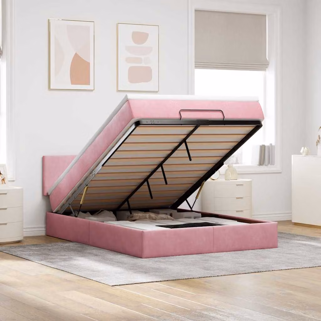 vidaXL Struttura Letto con Materasso e Pouf in Velluto Rosa e Bianco, L/P/H: 193 x 144 x 88 cm con Base a Sollevamento, Illuminazione Sotto il Letto e Porte USB – 1