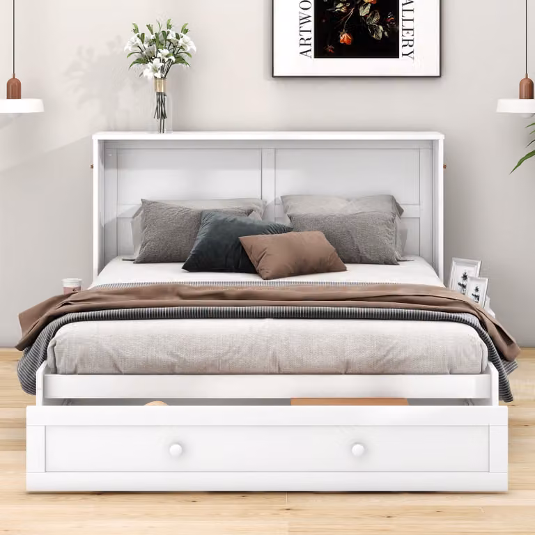 letto imbottito okwish 140 x 200 cm, letto guardaroba mobile per la casa, cassetti alla fine del letto, piccoli scaffali ai lati del letto, letto a piattaforma trasformabile, bianco
