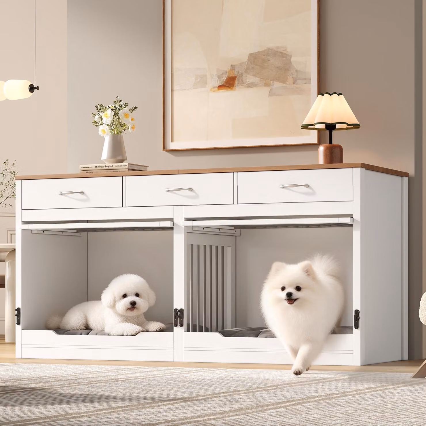 Cuccia per cani Merax in legno e metallo con 3 cassetti e 2 ante, divisorio rimovibile, cuccia per 2 cani, cuccia interna, XXL 164×60×81 cm, colore naturale