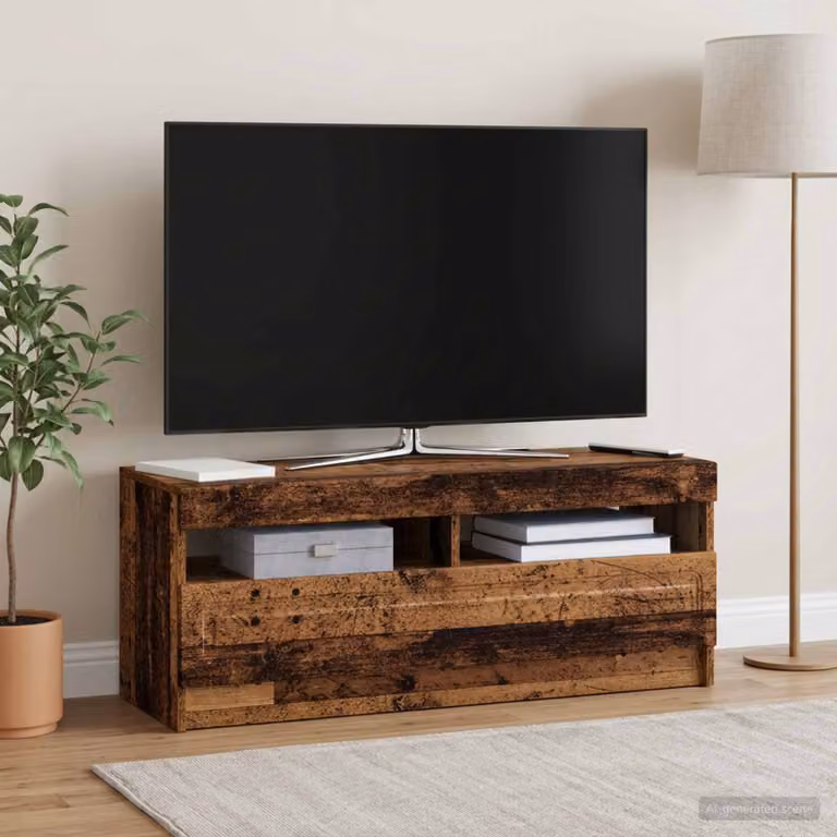 Mobile TV stand vidaXL in legno antico e MDF marrone con illuminazione LED integrata e scomparti multimediali L: 100 cm, P: 35 cm, H: 40 cm