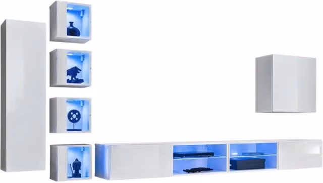 Set di mobili da soggiorno moderni Meublorama SWITCH XXVI in MDF bianco lucido con ante in vetro e illuminazione integrata
