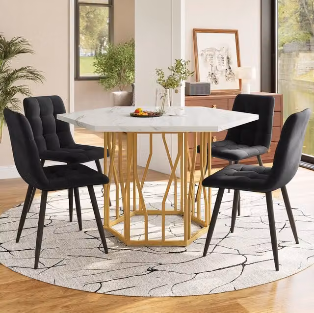 Set tavolo da pranzo 5 pezzi con 4 sedie nere e tavolo esagonale