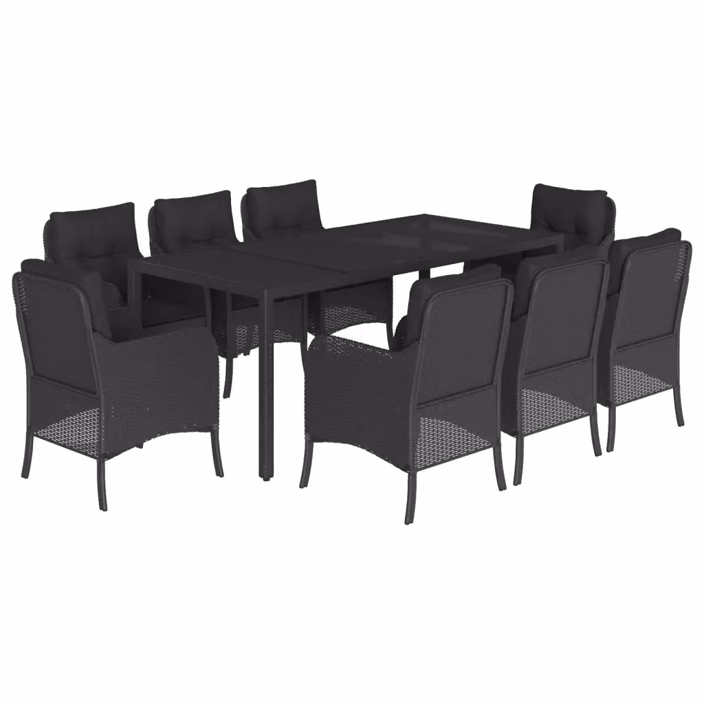 Set da Pranzo da Giardino vidaXL 9 pz in Polyrattan Nero con Cuscini e Tavolo in Vetro – 2