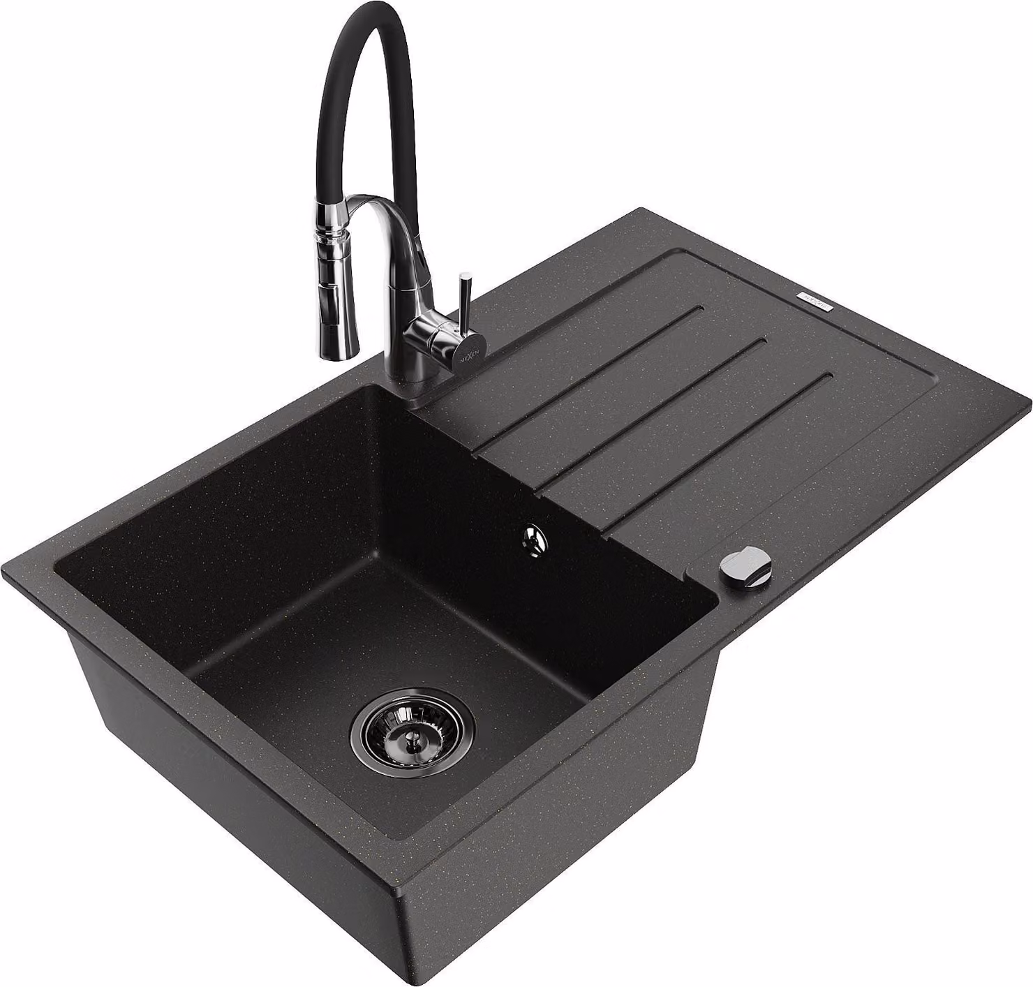 Mexen Bruno lavello in granito a 1 vasca con scolapiatti e miscelatore cucina Aster, nero/oro metallizzato - 6513-75-73450-07-B