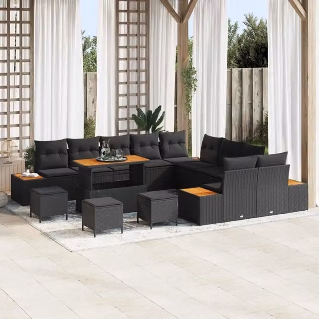 Set Divano da Giardino a Forma di U vidaXL Nero con Cuscini e Tavolino da Esterno in Acciaio e Legno di Acacia