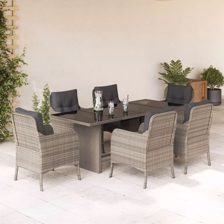Set da pranzo da giardino vidaXL in polyrattan con piano in vetro, 7 pezzi, grigio antracite