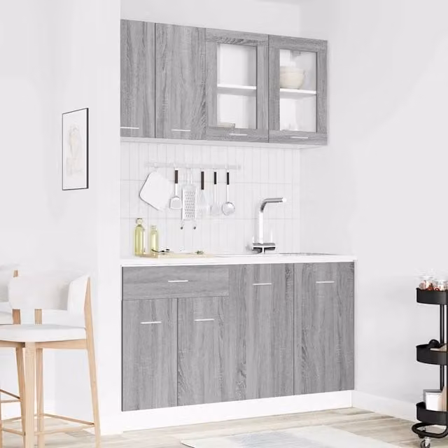 Unità Cucina Moderna vidaXL LYON 4 Pezzi Grigio con Ante in Vetro e Ripiani Interni
