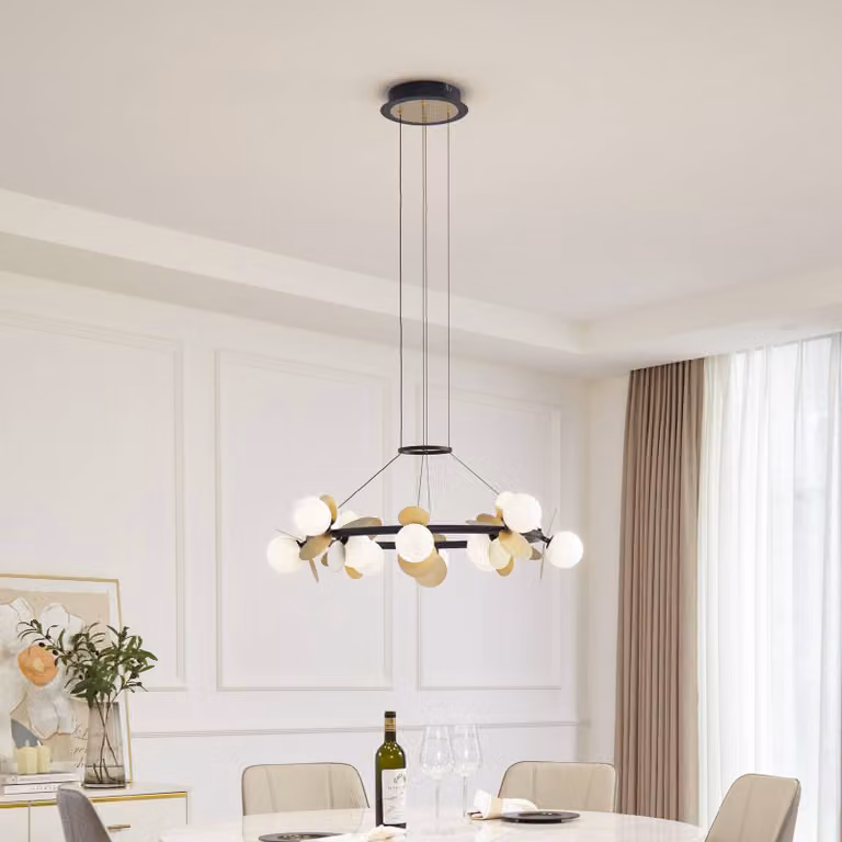 Lucande Lampada a sospensione Pallo, 12 luci, nero/oro, vetro Pallo Lucande, dimmerabile, Nero, Soggiorno / Sala da pranzo, Metallo, Moderno