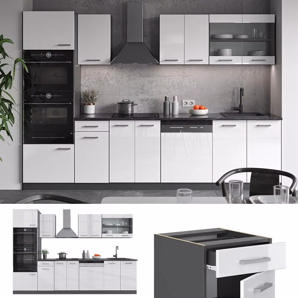 Cucina componibile moderna R-Line Vicco Bianco lucido e Antracite con armadio alto, L: 300 cm – 2