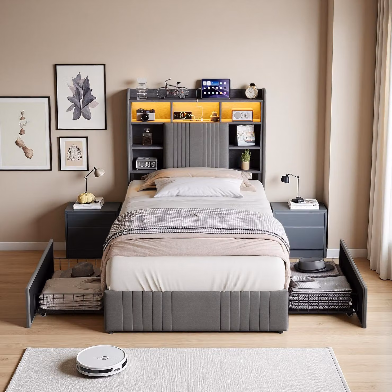Letto imbottito ProximaX 90x200 cm in tessuto di lino grigio con 2 cassetti, illuminazione LED RGB e stazione di ricarica (USB/USB-C/prese di corrente)