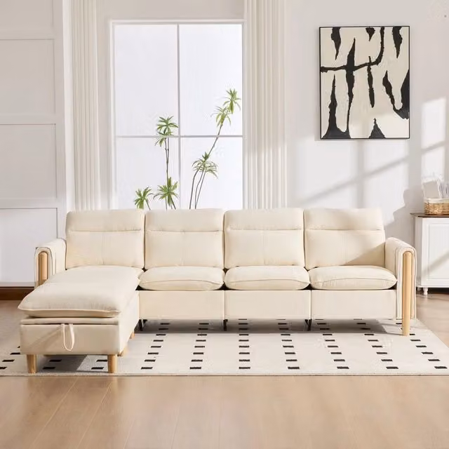 Set divano angolare U a 4 posti ¨C Minimal ¨C beige in tessuto, con 2 poggiapiedi contenitore gambe in legno