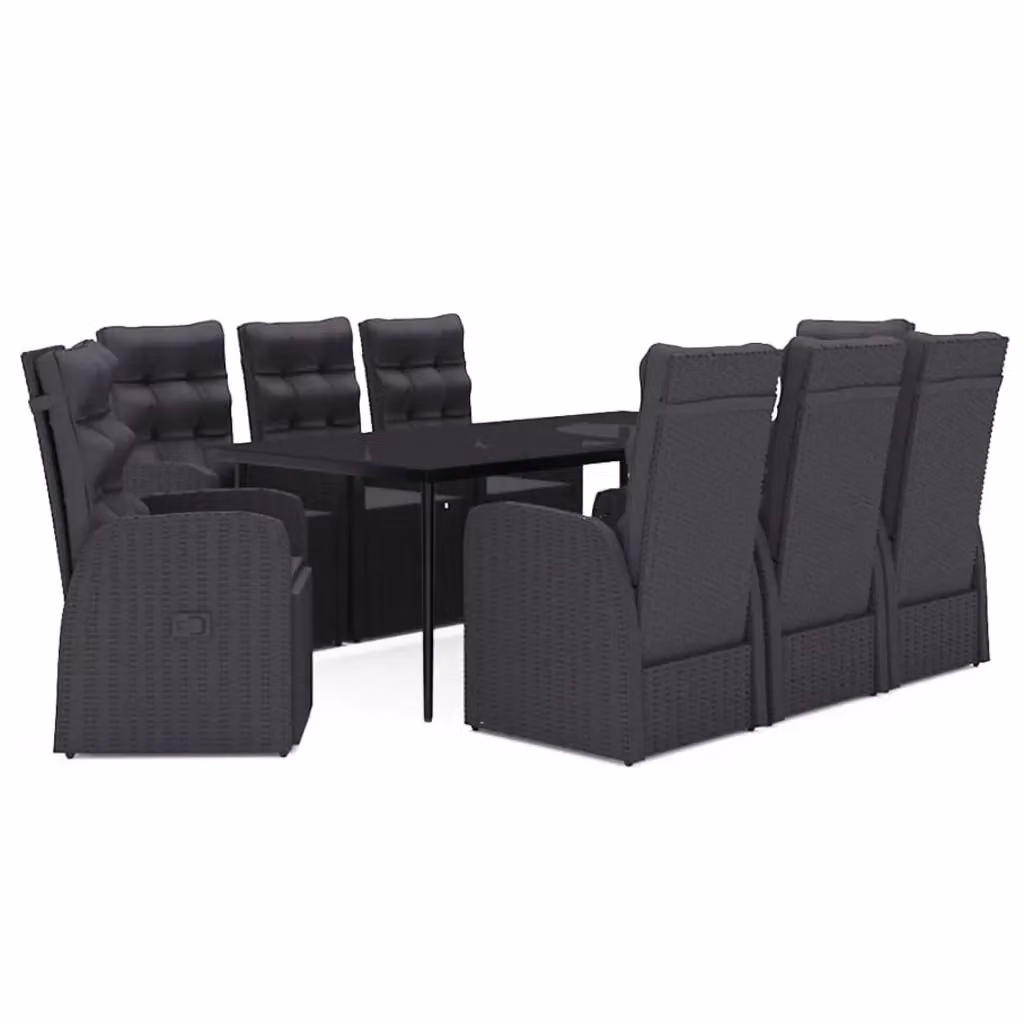 Set da pranzo da giardino vidaXL in polyrattan nero con cuscini e tavolo in vetro, 9 pezzi – 2