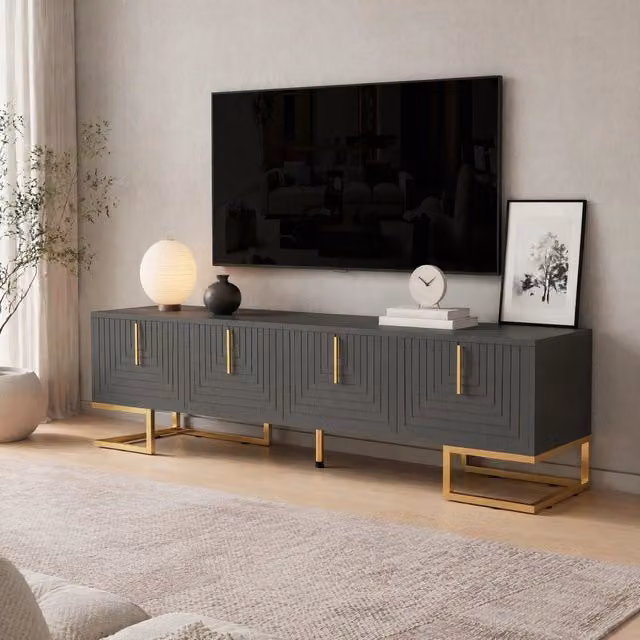 Mobile TV lowboard grigio antracite con ante strutturate, maniglie e piedi dorati, 170x40x45,5 cm
