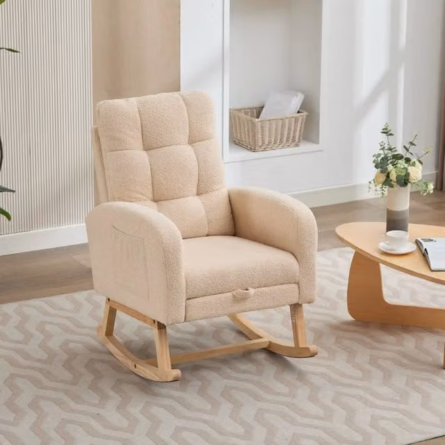 Poltrona a dondolo in bouclé beige con tasca laterale