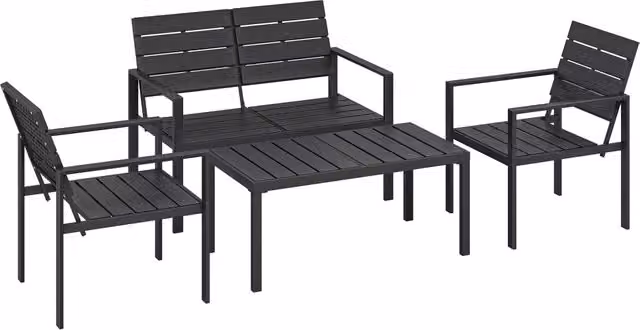 Mobili da giardino a 4 posti: Divanooo a 2 posti + 2 poltrone + tavolino laterale; design a listelle; nero