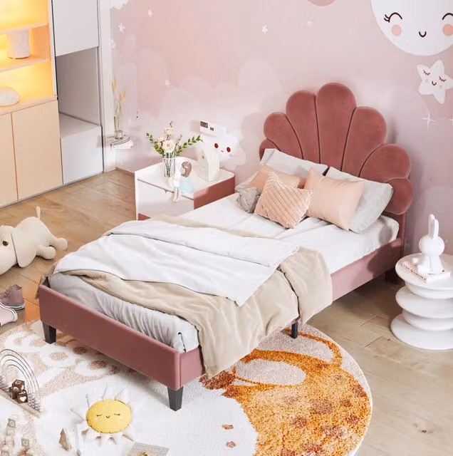 Letto imbottito MODFU in velluto rosso con testiera a fiore L/P/H: 90 x 200 cm