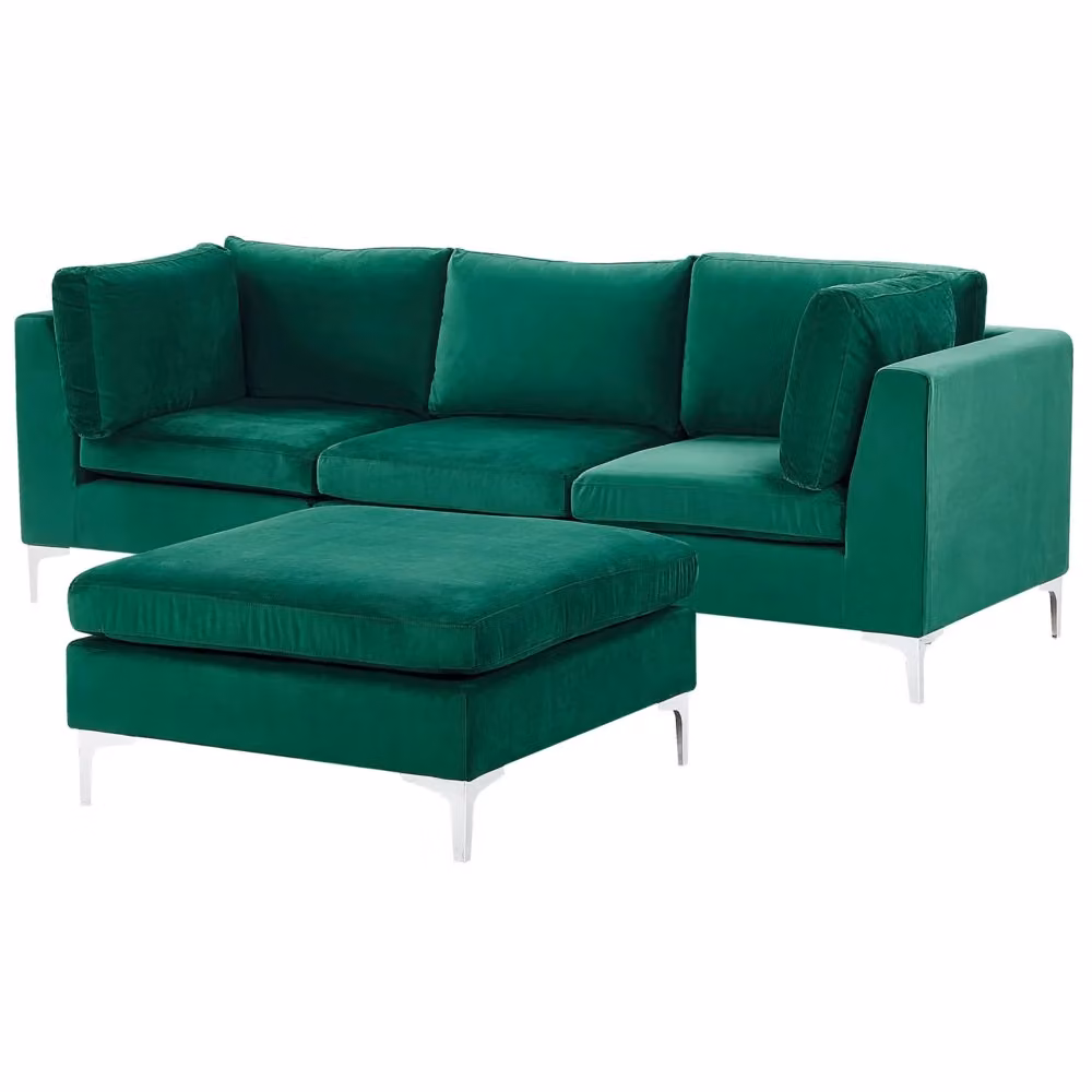 Divano Componibile Beliani in Velluto Verde con Ottoman e Gambe in Metallo Argento, Stile Moderno Glamour, L: 235 cm x P: 84 cm x H: 85 cm – 2