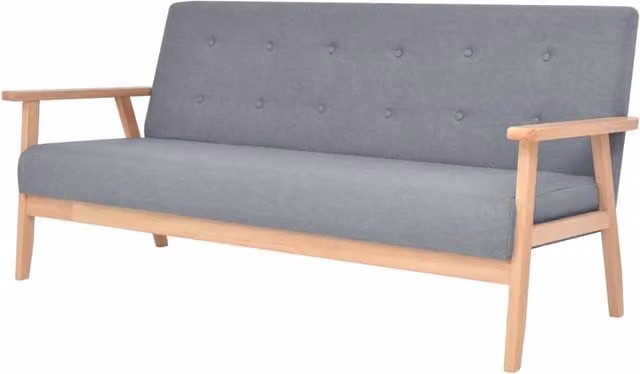 Set divano 2 pezzi in stile mid-century in tessuto grigio con struttura in legno massello composto da un divano a 2 posti e un divano a 3 posti