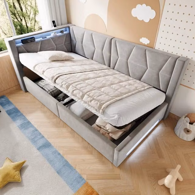 Letto imbottito singolo contenitore ¨C Minimal ¨C Grigio velluto 90x200 cm con LED rete a doghe idraulico