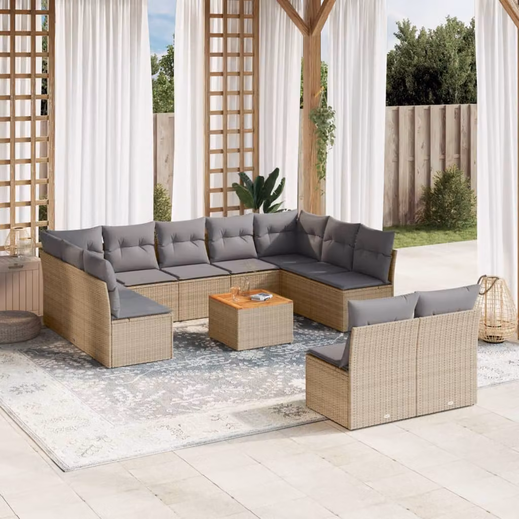 vidaXL Set Divano da Giardino 12 pz a forma di U in Polyrattan con Cuscini Beige e Grigio e Tavolino da Esterno – 1