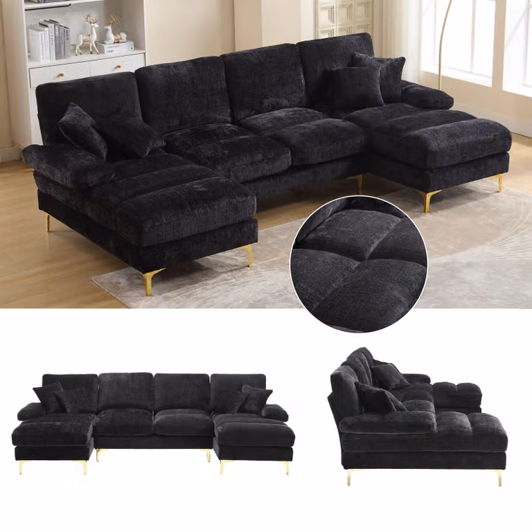 LVHOM Divano angolare a U, set di divani con gambe in metallo dorato, set di divani angolari per la zona giorno, 4 posti, 272x88x136 cm, nero