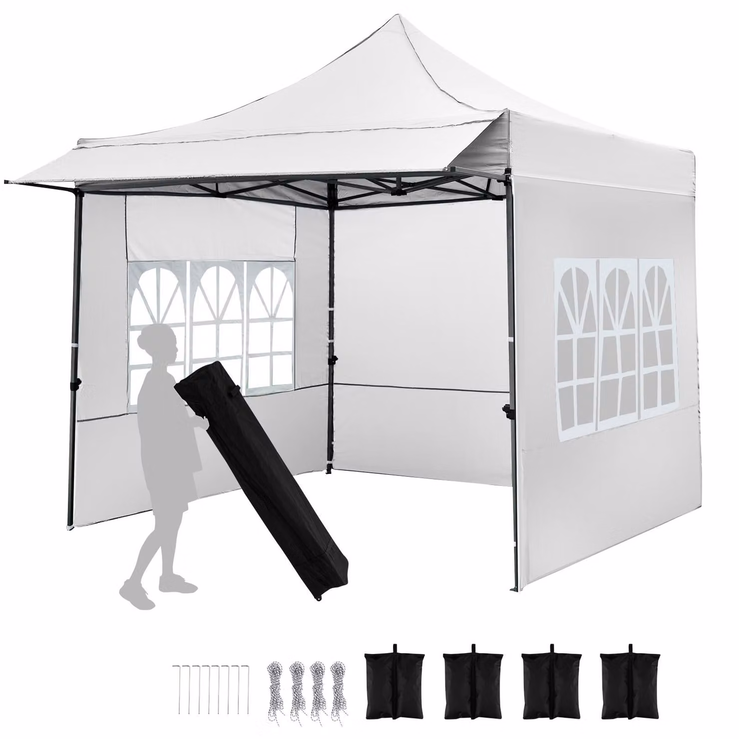 Gazebo COSTWAY 3x3 m, gazebo da giardino pop-up con 3 pareti laterali, 4 sacchi di sabbia e borsa con rotelle; gazebo pieghevole con 3 livelli di regolazione in altezza; tenda per feste e protezione dal sole