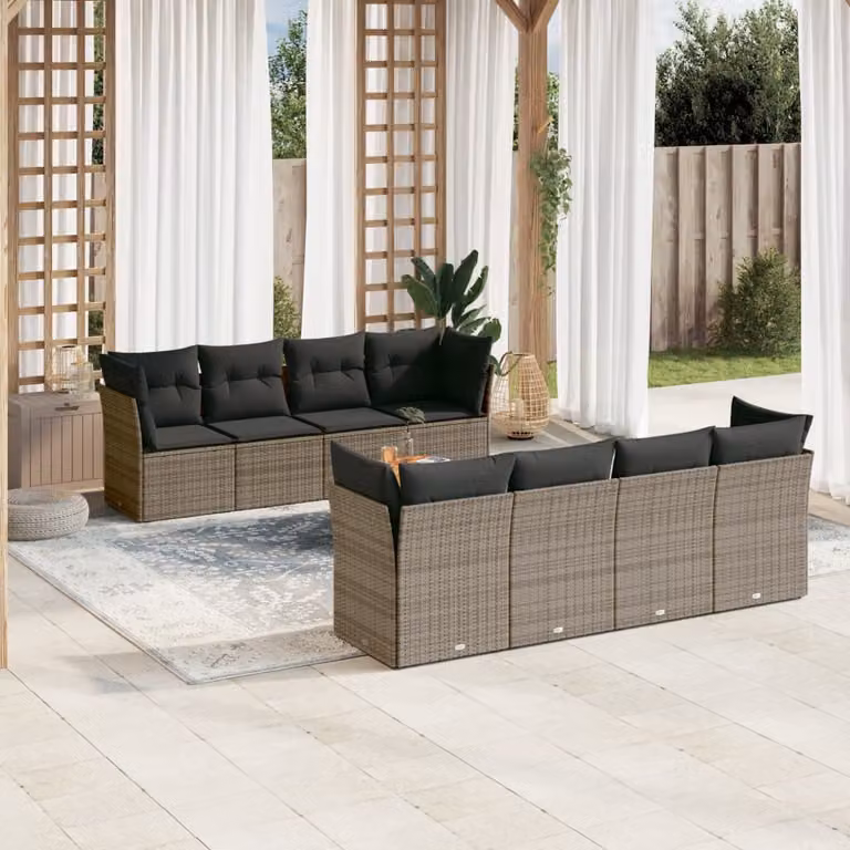 vidaXL Set Divano da Giardino a L in Polyrattan Grigio con 9 Pezzi e Cuscini Imbottiti