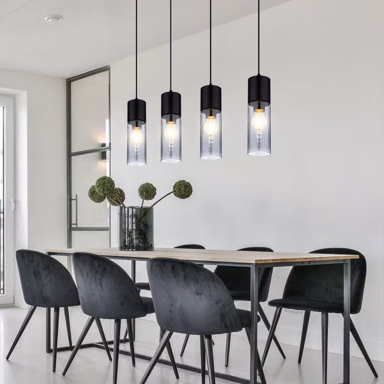 Lampada a sospensione, metallo, vetro fumé, nera, 4 luci, lunghezza 80 cm