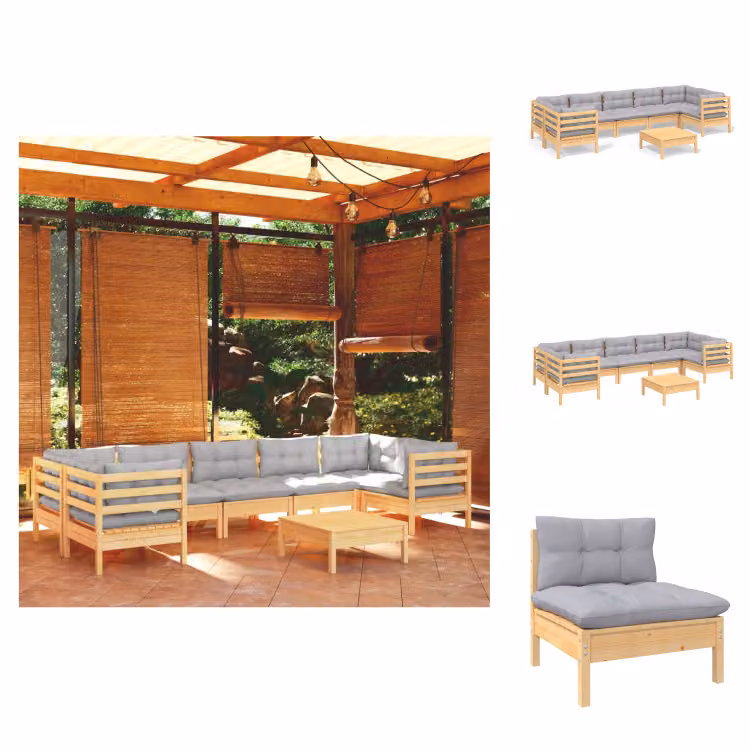 vidaXL set salotto da giardino 8 pezzi con cuscini grigi in legno di pino - Set di mobili da giardino