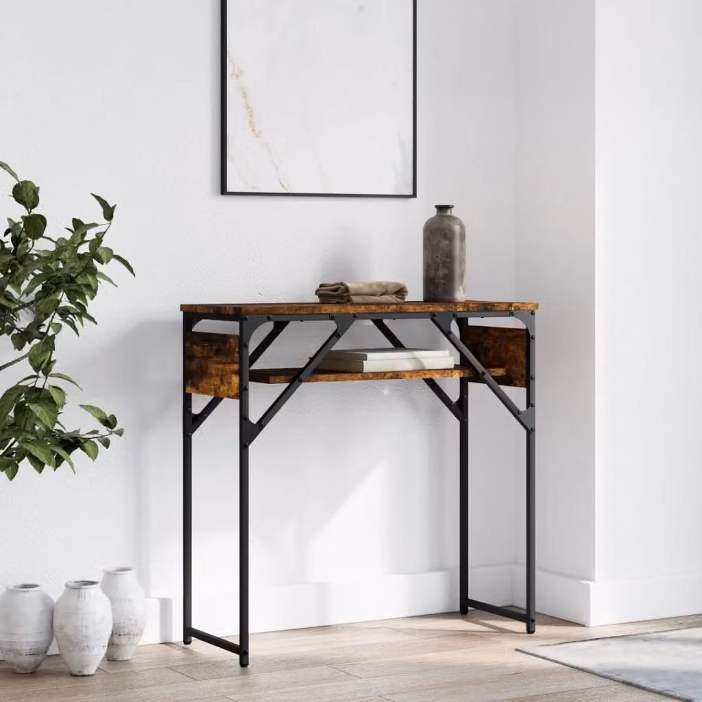 vidaXL Tavolo Consolle in Legno e Metallo Stile Industrial, Ripiano Rovere Fumo, L/P/H: 75 x 30 x 75 cm