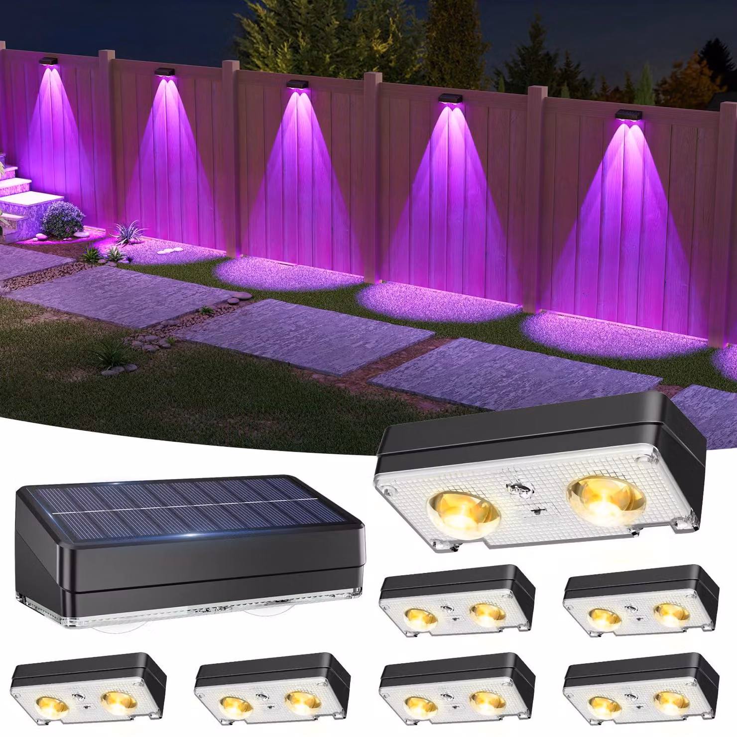 Set di 8 luci solari per recinzioni, 50 lumen, RGB, colore nero