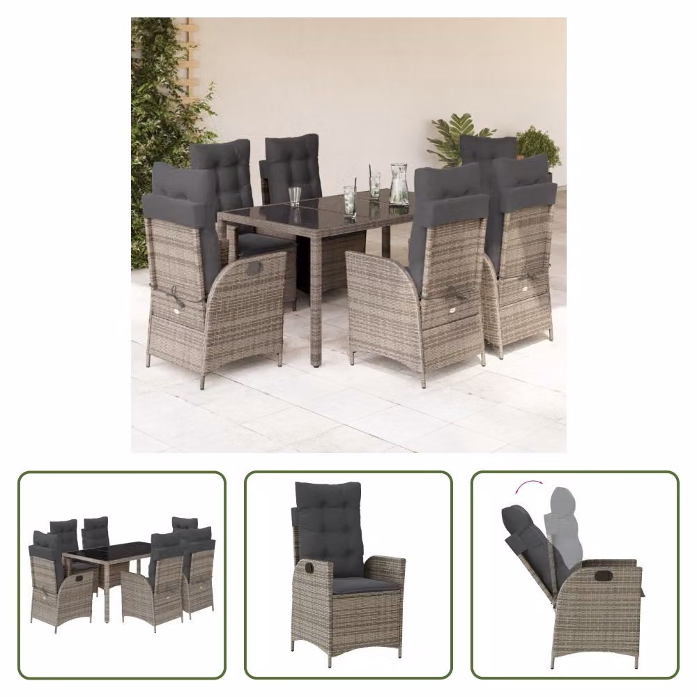 The Living Store Set da pranzo da giardino 7 pezzi con cuscini in poly rattan grigio