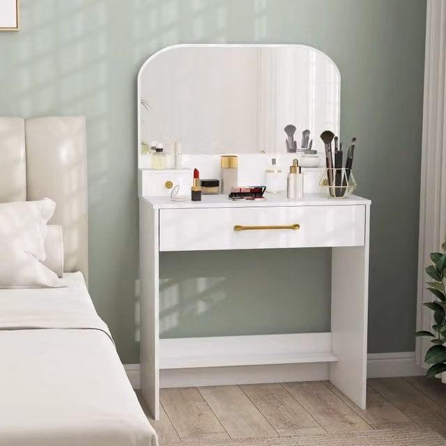 Tavolo da trucco WISHDOR moderno con specchio e 3 cassetti, bianco, L: 135 cm, P: 40 cm, H: 80 cm