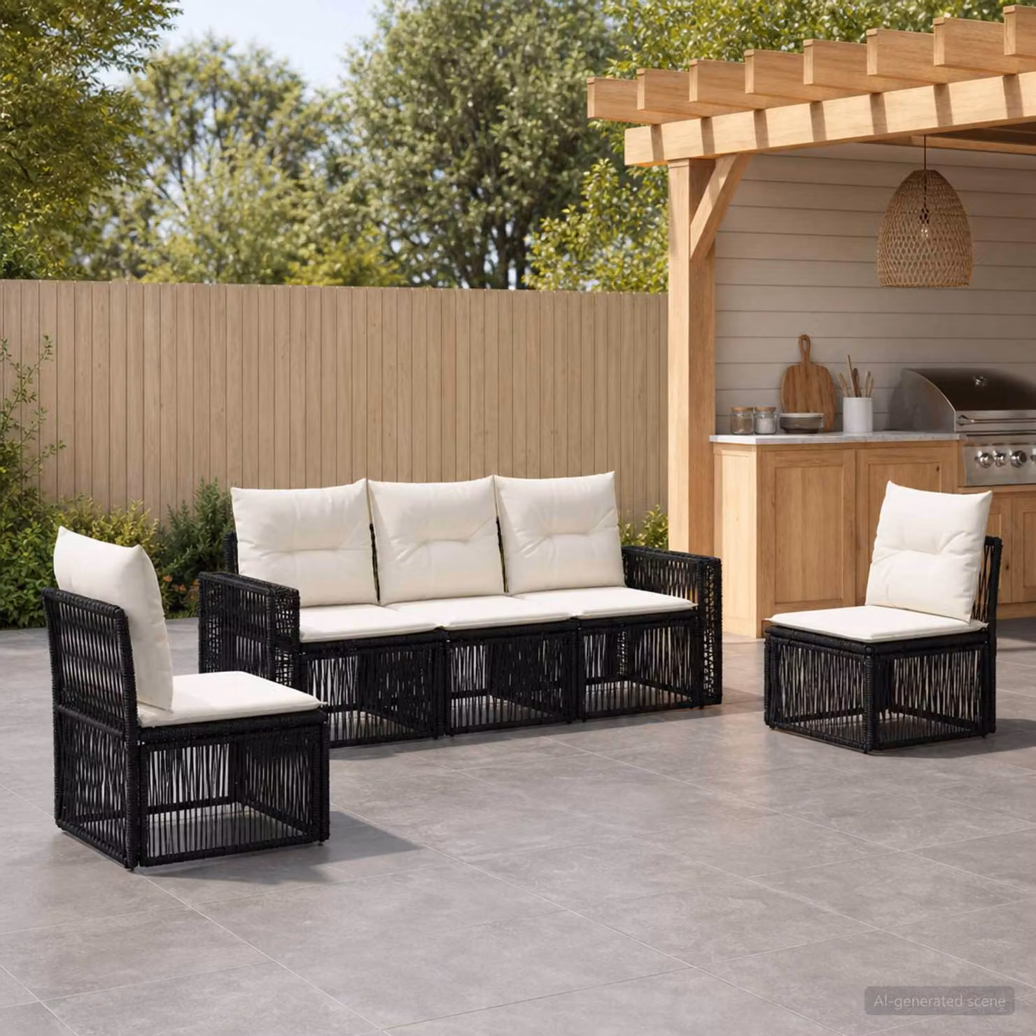 Set Divano da Giardino a L vidaXL in Polyrattan con Cuscini, Nero e Bianco Crema