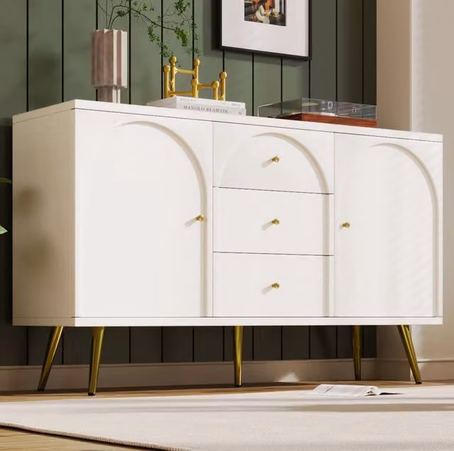 Comò crema bianco con 2 ante e 3 cassetti, struttura in pannelli truciolari, 140x40x84 cm