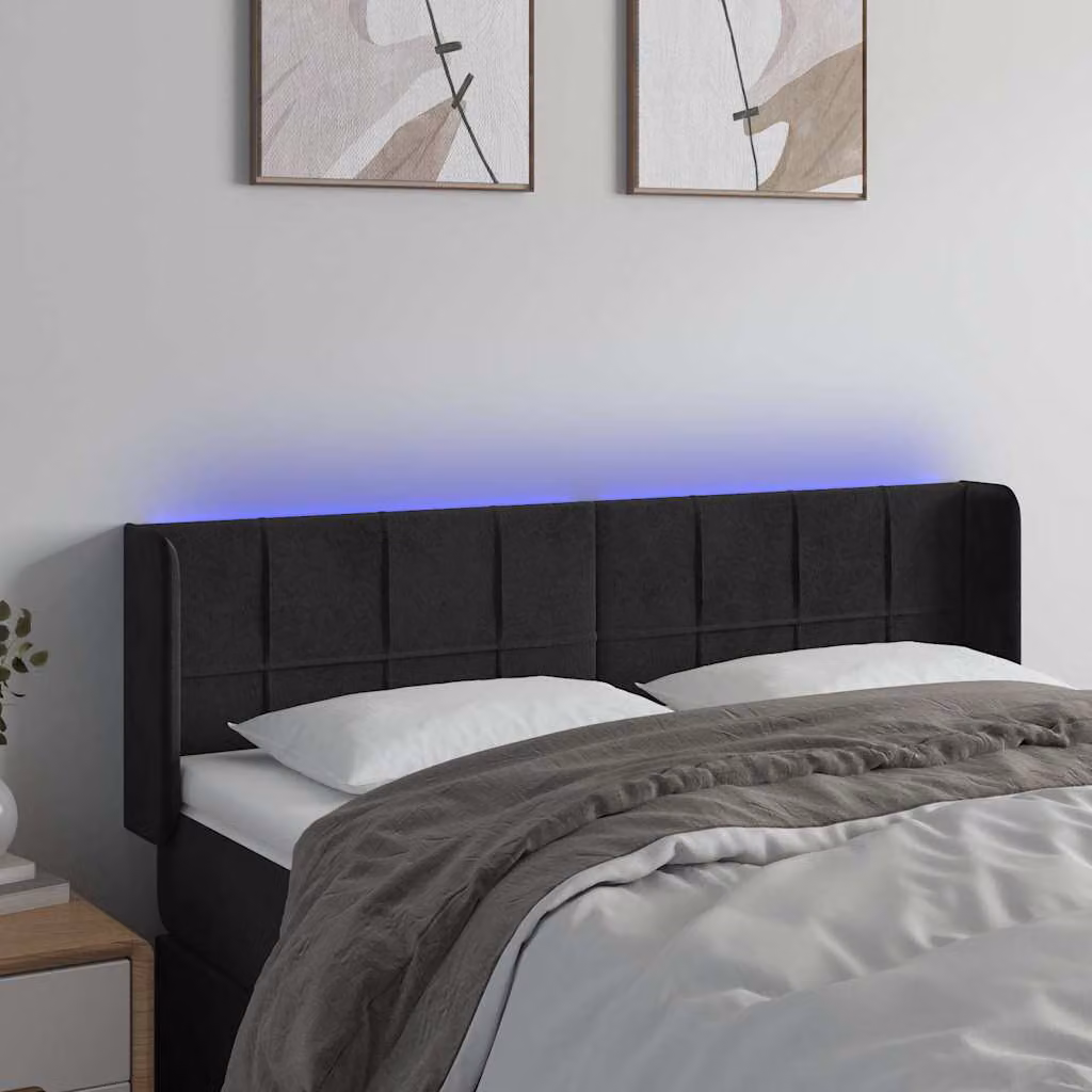 Testiera per letto vidaXL in velluto nero con illuminazione LED e porta di ricarica USB, L 147 cm x P 16 cm x H 78/88 cm